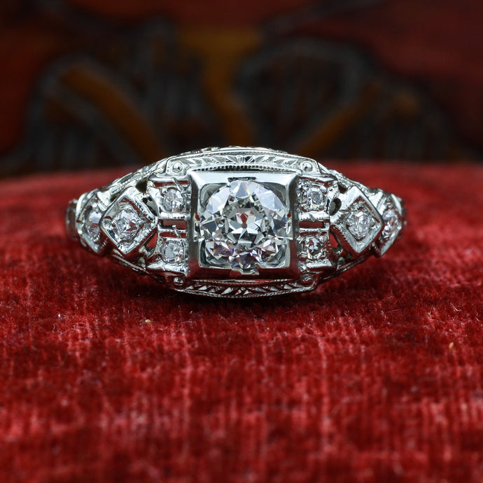 1920s 18k Filigree Diamond Dome Ring
