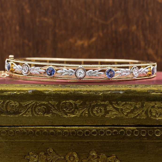 c1910 14k Montana Sapphire and Old Mine Cut Diamond Bangle