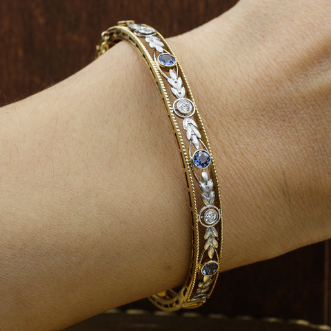 c1910 14k Montana Sapphire and Old Mine Cut Diamond Bangle