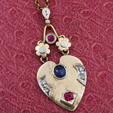 c1930 14k Ceylon Sapphire and Burmese Ruby Heart Pendant