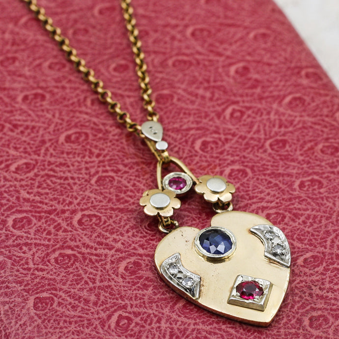 c1930 14k Ceylon Sapphire and Burmese Ruby Heart Pendant