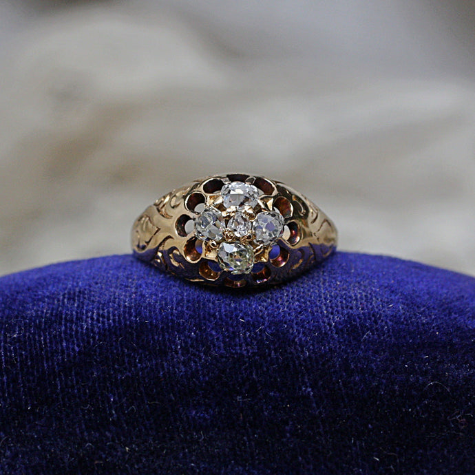 c1880 Handmade 14k Old Mine Cut Diamond Cluster Ring