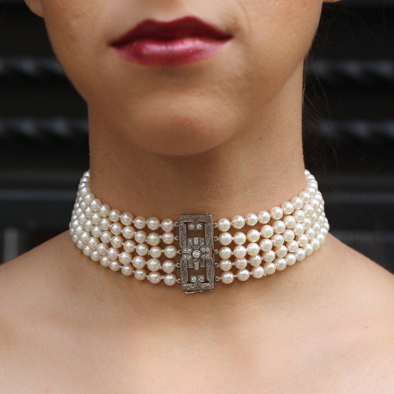 Edwardian Diamond Clasp Pearl Choker Necklace – Pippin Vintage Jewelry