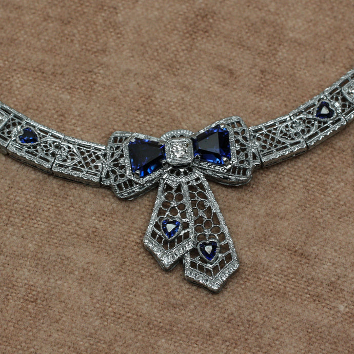 Deco Filigree Sapphire and Diamond Bow Necklace