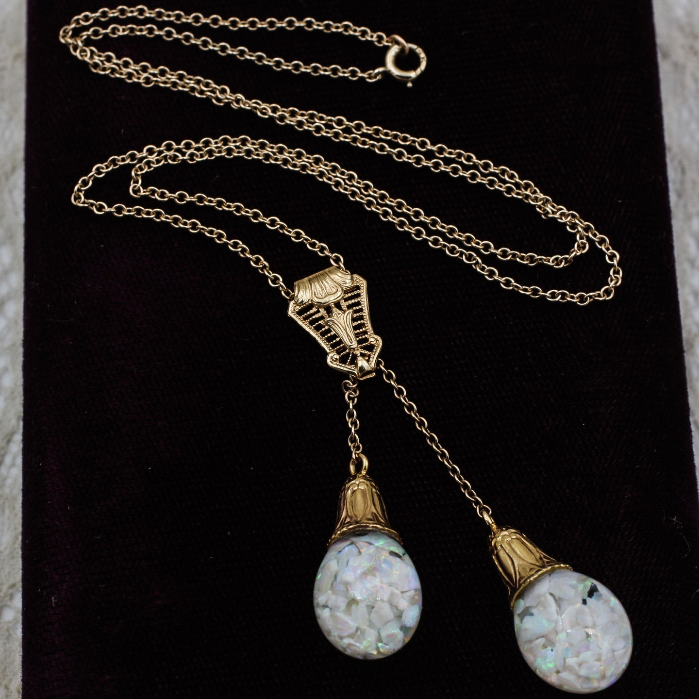 Flower Shape Opal Lariat Necklace With Ball Shape Zinc Alloy