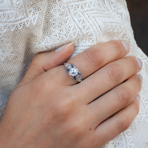 Art Deco Colorless Diamond Ring with Sapphires c1920