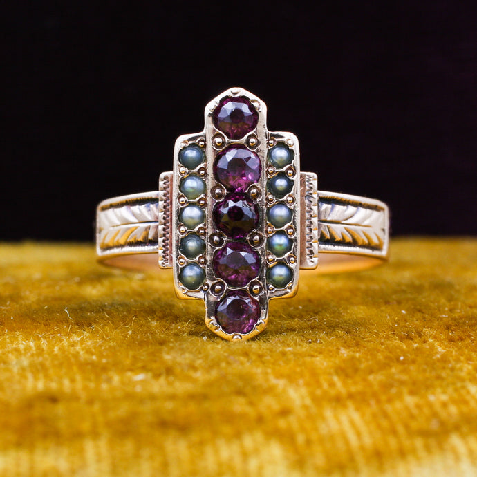 c1880 Purple Sapphire and Black Pearl Ring