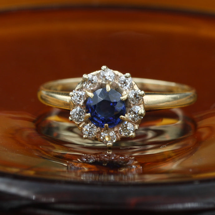 c1880 Burmese Sapphire and Old Mine Diamond Halo Ring