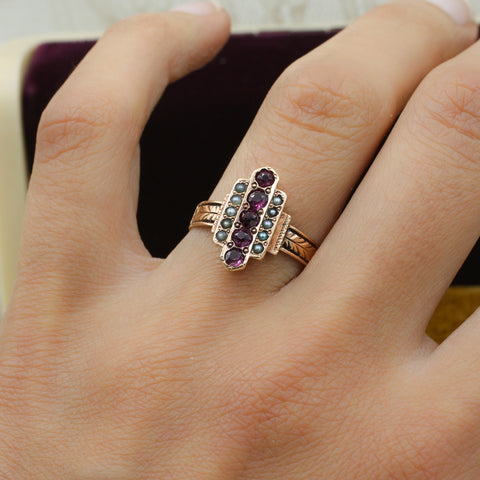 c1880 Purple Sapphire and Black Pearl Ring