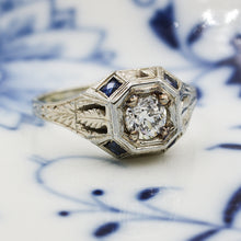 1920s 18k Transitional Cut Diamond Ring with Sapphires