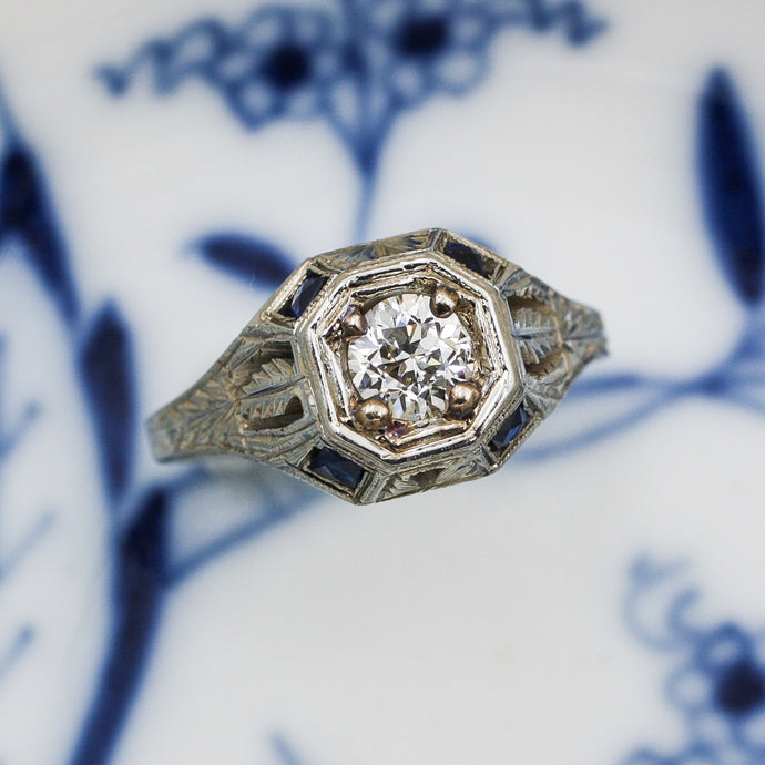 1920s 18k Transitional Cut Diamond Ring with Sapphires