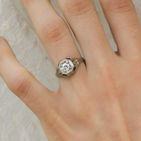 1920s 18k Transitional Cut Diamond Ring with Sapphires