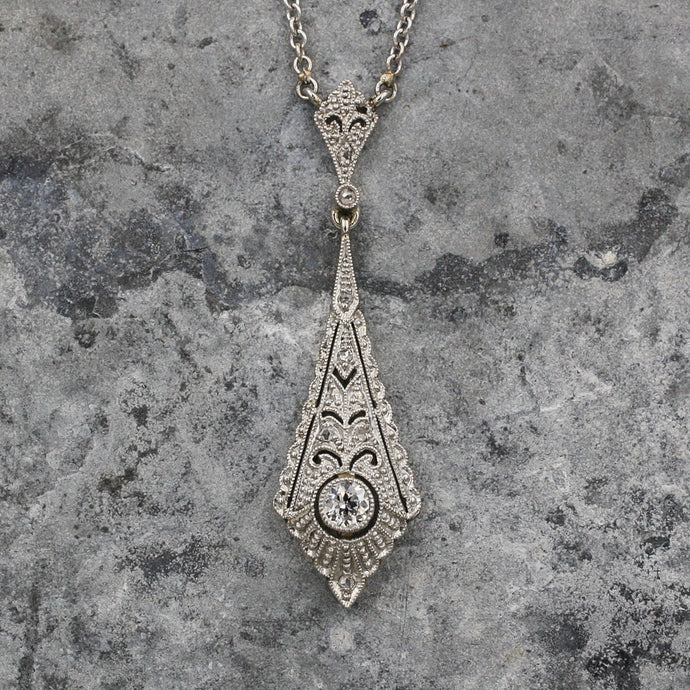 c1920 .12ct Transitional Cut Diamond 18k Filigree Pendant