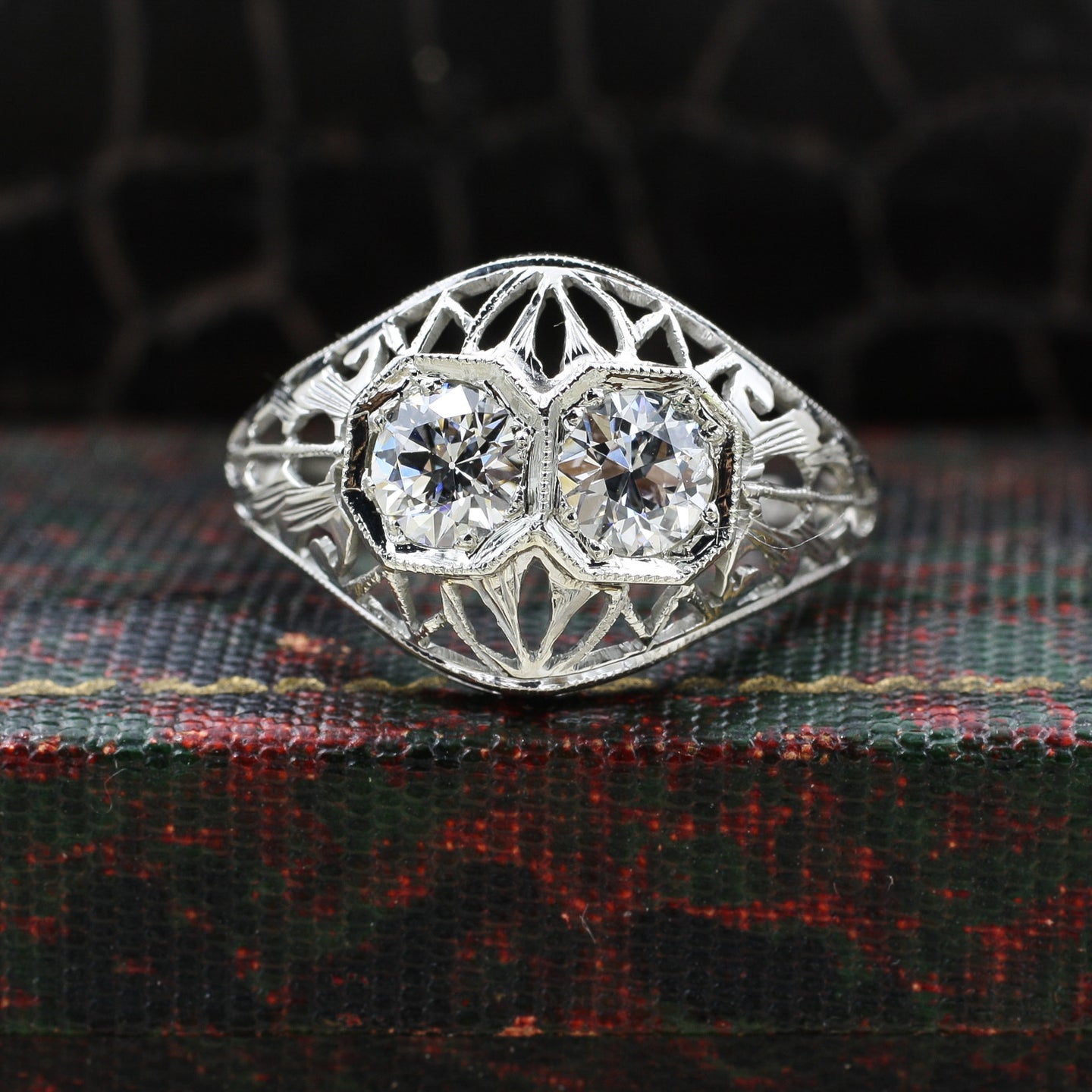 1920s 18k Double Diamond Filigree Ring