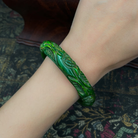 Green Carved Galalith Bangle c1930