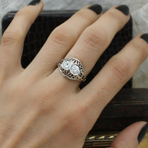 1920s 18k Double Diamond Filigree Ring