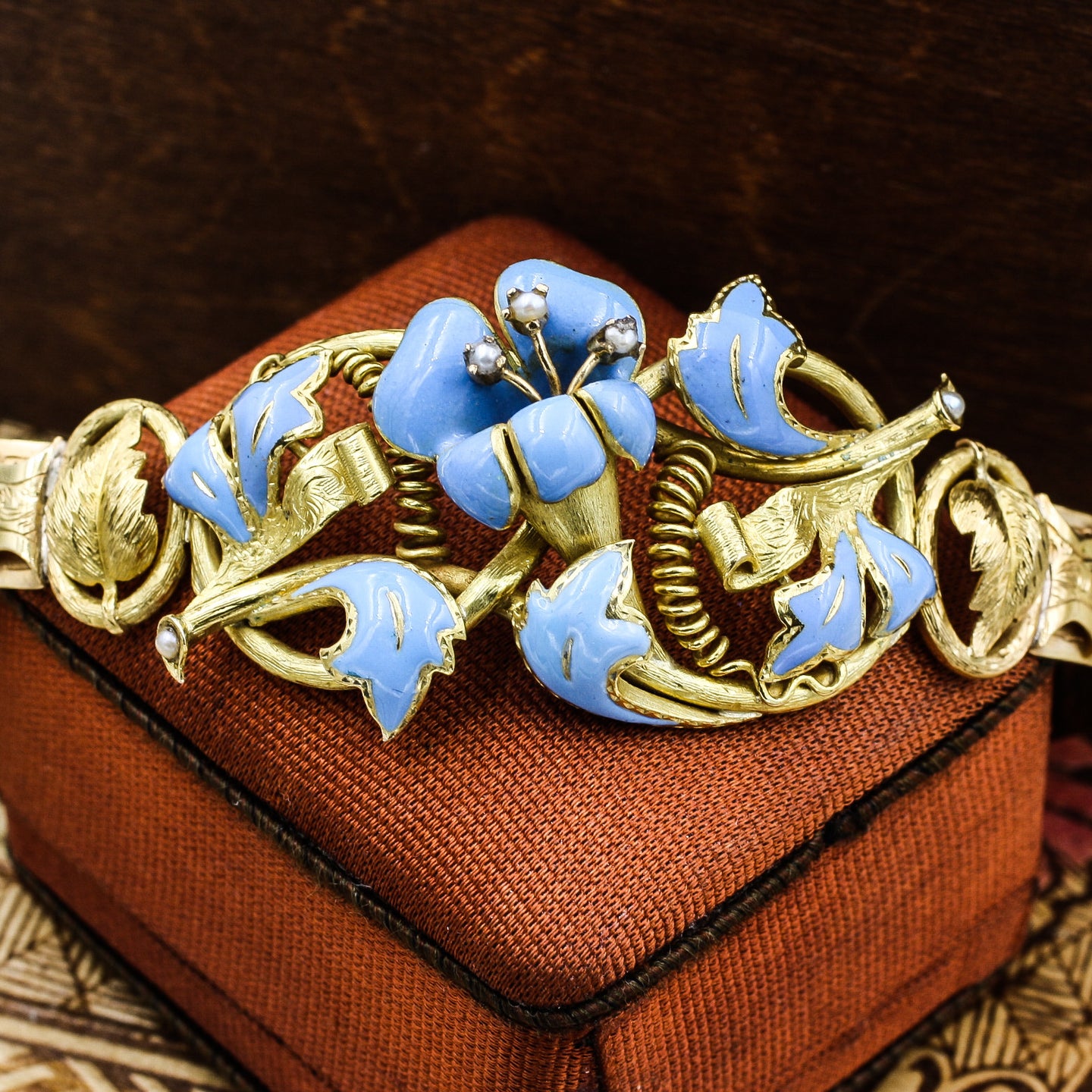 c1850 18k Blue Enamel Flower Bracelet with Belt Closure