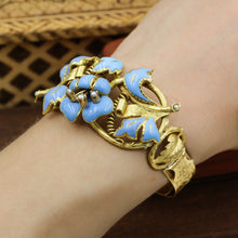 c1850 18k Blue Enamel Flower Bracelet with Belt Closure
