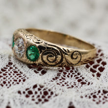 c1890 Old Mine Cut Diamond and Emerald Handcarved Ring