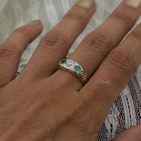 c1890 Old Mine Cut Diamond and Emerald Handcarved Ring