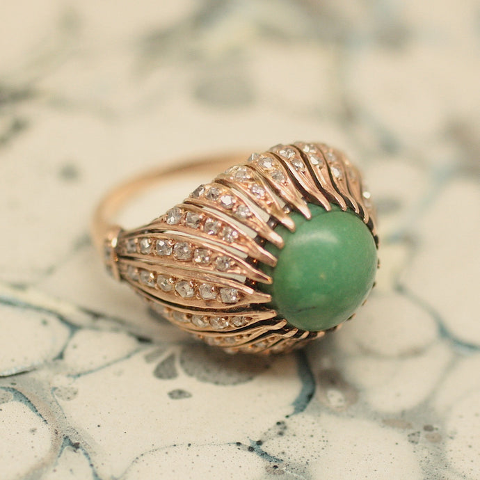 Circa 1930's 14K Persian Turqoise & Diamond Dome Ring