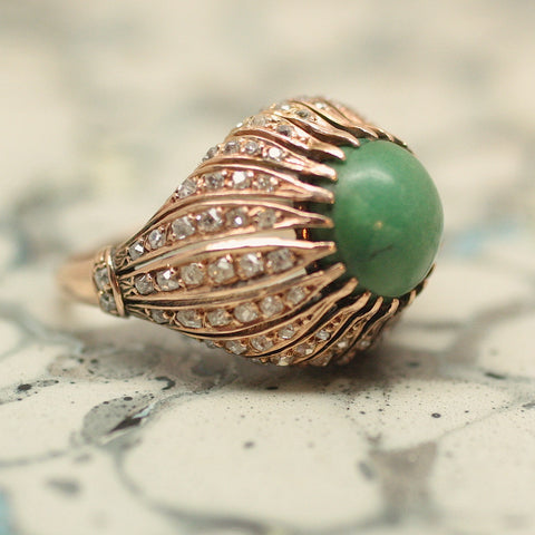 Circa 1930's 14K Persian Turqoise & Diamond Dome Ring