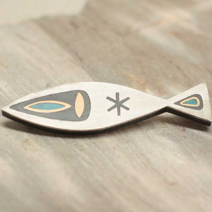 Circa 1950 Los Castillo Inlaid Mexican Sterling Fish Pin/Pendant