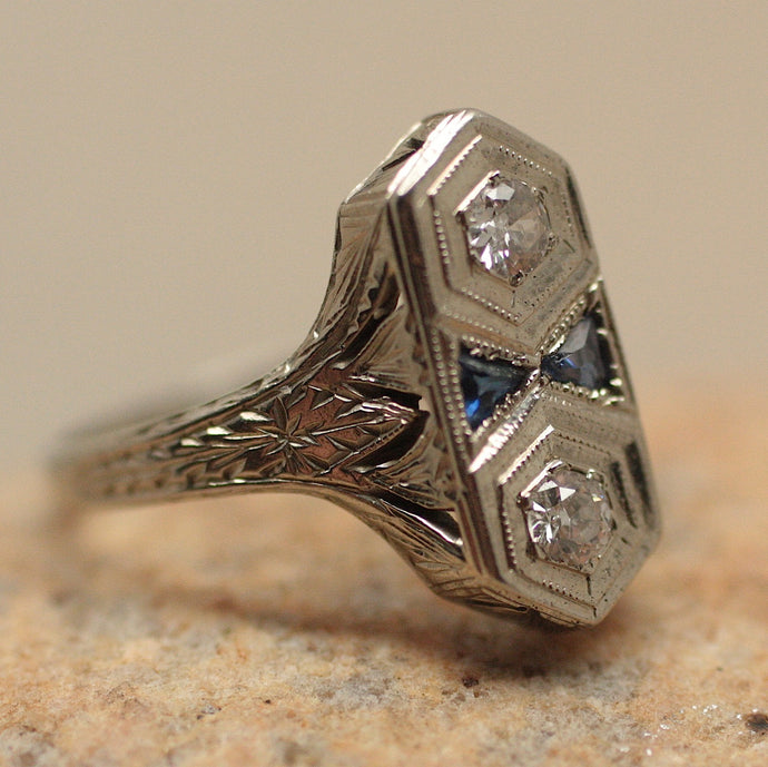 Circa 1920 Hand Carved 18K Diamond & Sapphire Ring