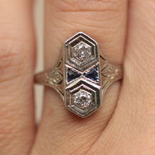 Circa 1920 Hand Carved 18K Diamond & Sapphire Ring