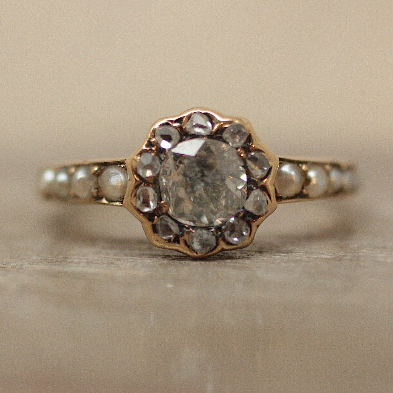 Circa 1880 Handmade 14K, Diamond & Pearl Ring