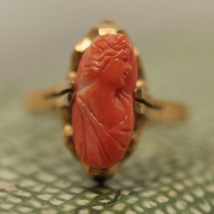 Circa 1930-1950 Carved Coral Cameo Ring