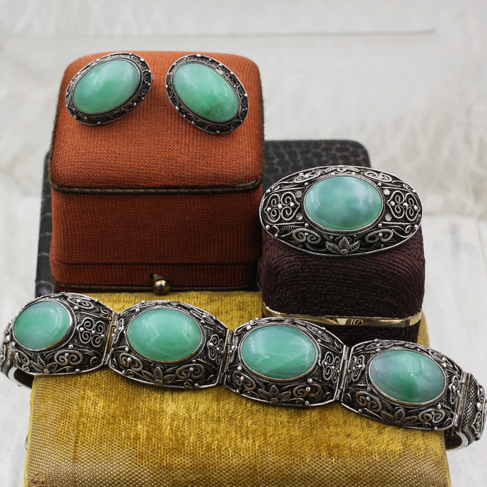 1920s-30s Chinese Export Jadeite and Silver Parure