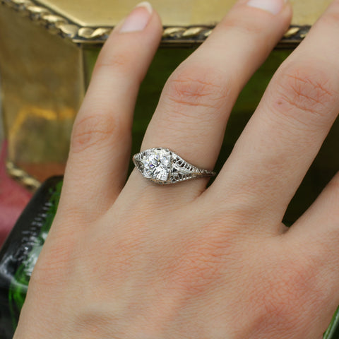 1920s 18k Filigree GIA Certified Diamond Solitaire