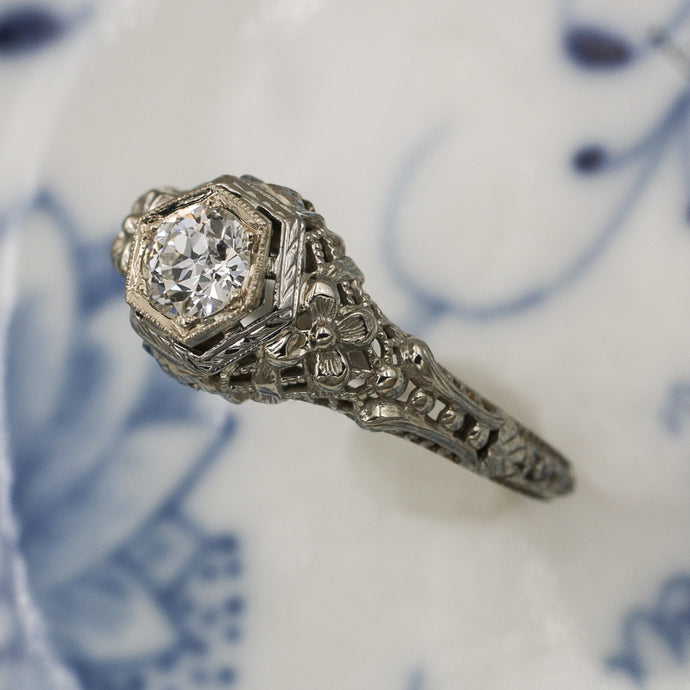 1920s 18k Filigree F VVS Diamond Ring