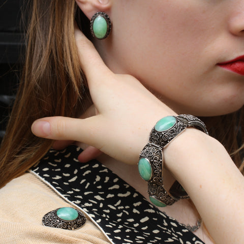 1920s-30s Chinese Export Jadeite and Silver Parure