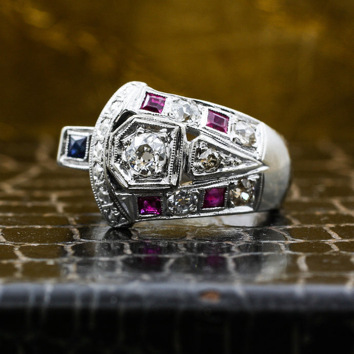 1930s 14k Diamond Ruby and Sapphire Cocktail Ring