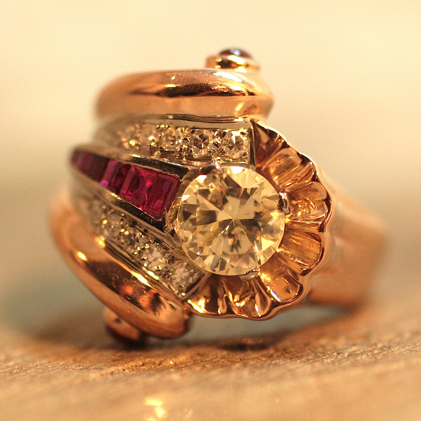 Circa 1930 14K & Platinum Ruby Diamond Ring