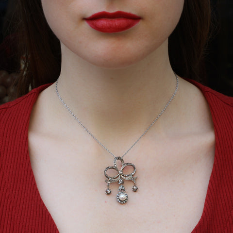 c1910-30 Rose Cut Diamond Bow and Flower Drop Pendant Brooch