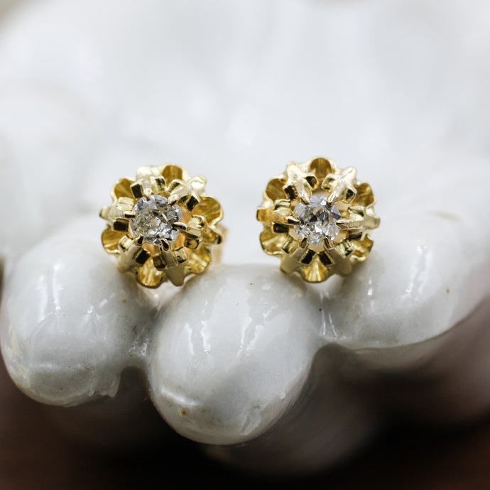 c1890 14k Old Mine Cut Diamond Buttercup Studs