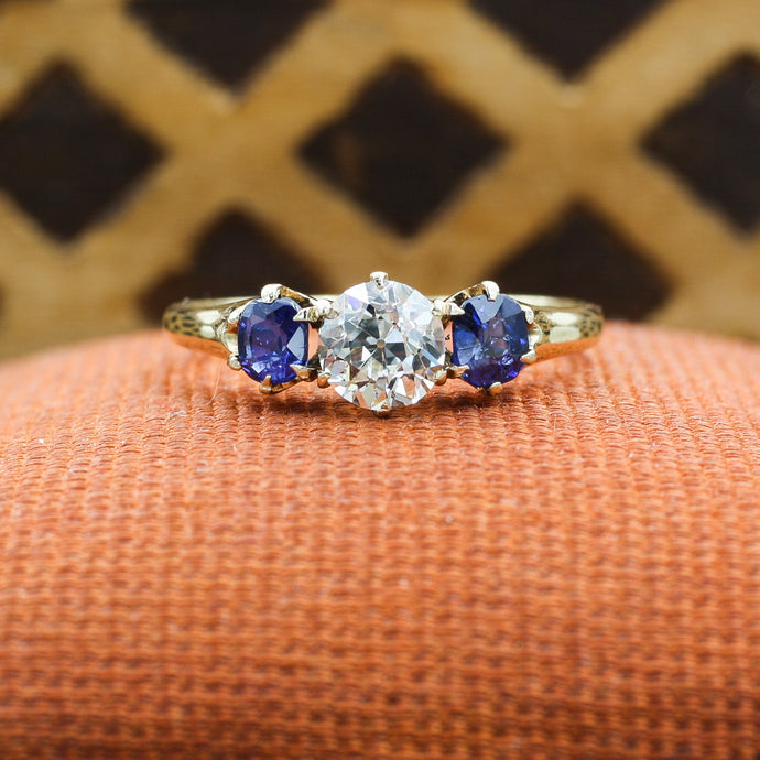 c1910 Old European Cut Diamond and Fine Sapphire Ring