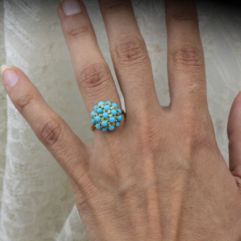 1930s-50s 18k Persian Turquoise Cluster Ring- On Model