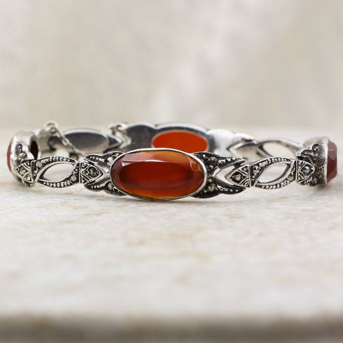 Deco Carnelian Marcasite Sterling Bracelet- front view