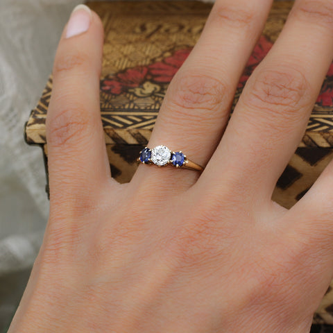 c1910 Old European Cut Diamond and Fine Sapphire Ring