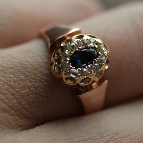 Circa 1890 Handmade 18K Sapphire & Diamond Ring