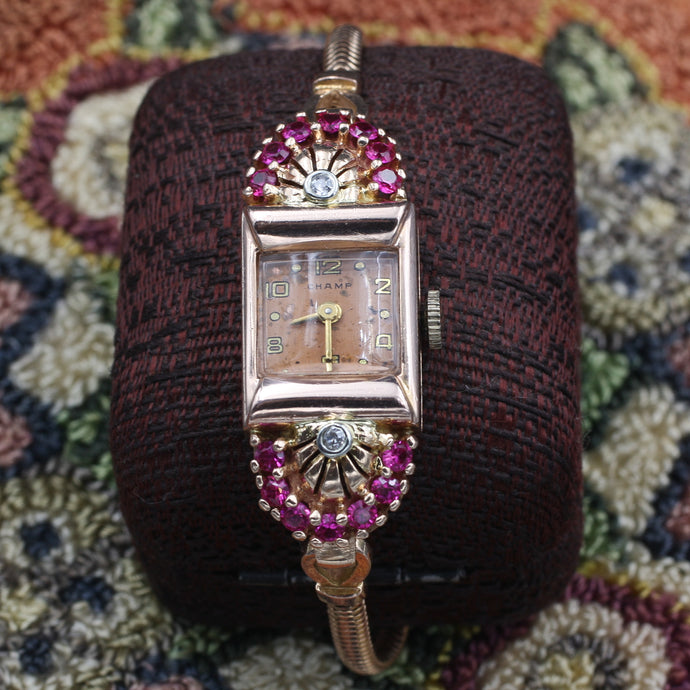 Retro Ruby Rose Gold Ladies Watch c1940