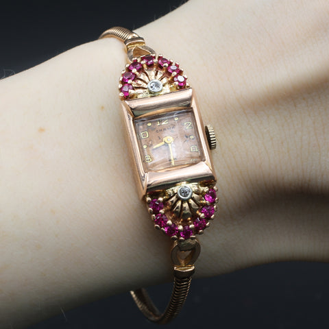 Retro Ruby Rose Gold Ladies Watch c1940