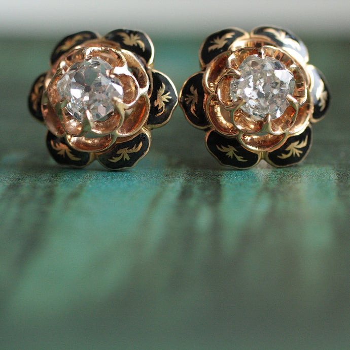 Circa 1890 18K Enamel Diamond Stud Earrings