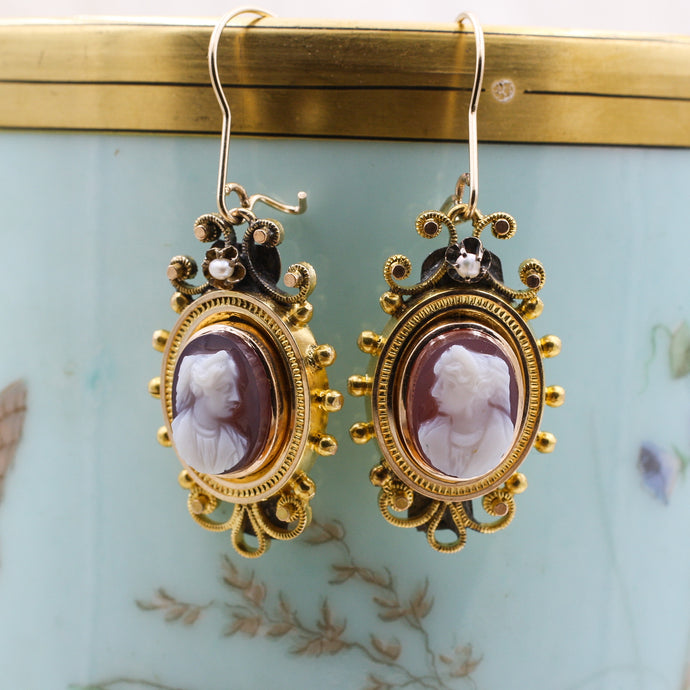 c1870 18k Hanging Hardstone Cameo Earrings