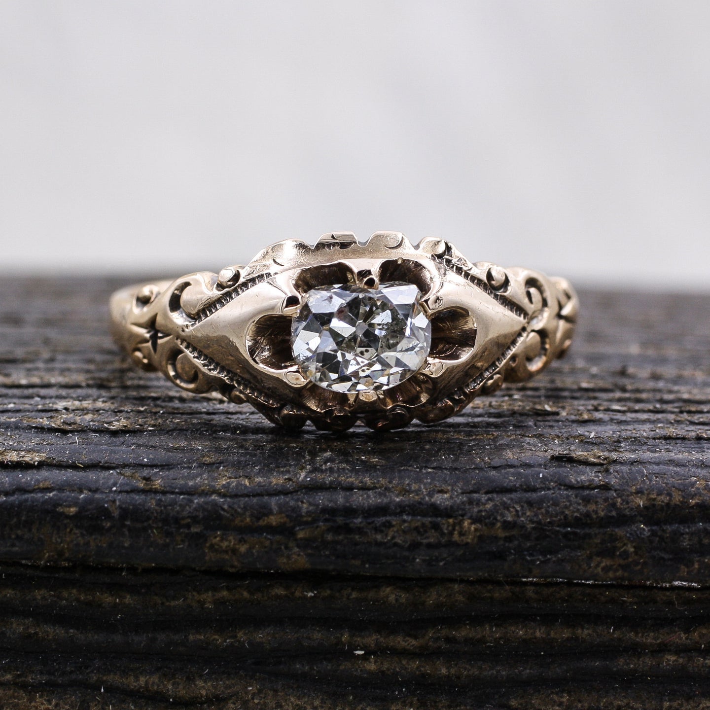 c1880 Old Mine Cut Diamond Rose Gold Solitaire- Front View