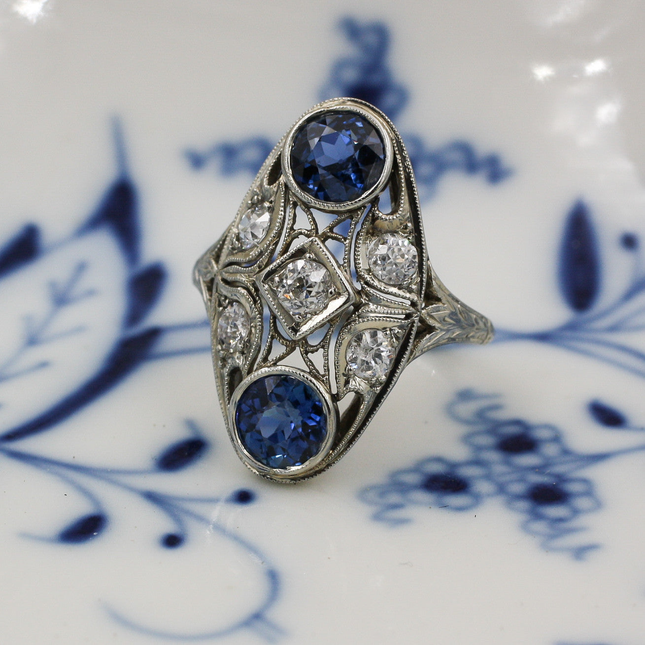 c1920 18k Burmese Sapphire and Diamond Dinner Ring